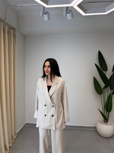 Saten Çizgili Pantolon Ceket Takım Krem