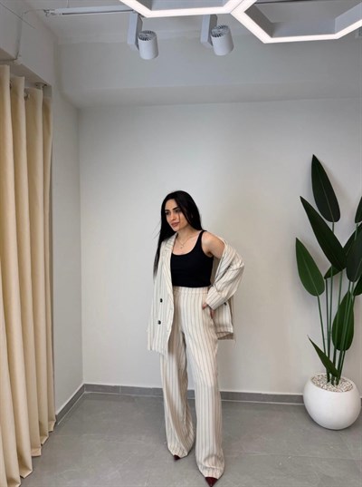 Saten Çizgili Pantolon Ceket Takım Krem