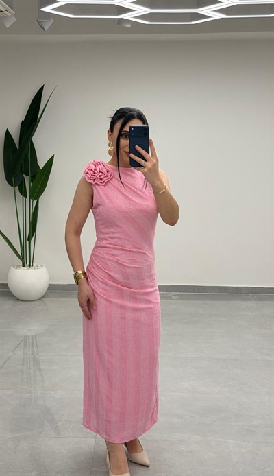 Sıfır Kol Bel Büzgülü Midi Elbise Pembe