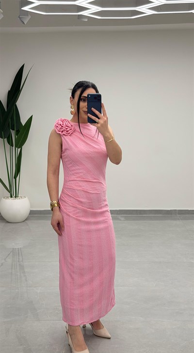 Sıfır Kol Bel Büzgülü Midi Elbise Pembe