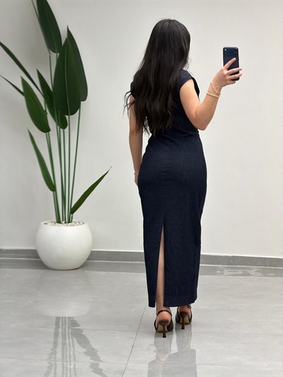 Sıfır Kol Bel Tokalı Denim Elbise