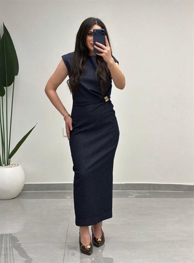 Sıfır Kol Bel Tokalı Denim Elbise