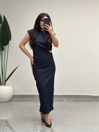 Sıfır Kol Bel Tokalı Denim Elbise