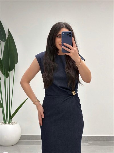 Sıfır Kol Bel Tokalı Denim Elbise