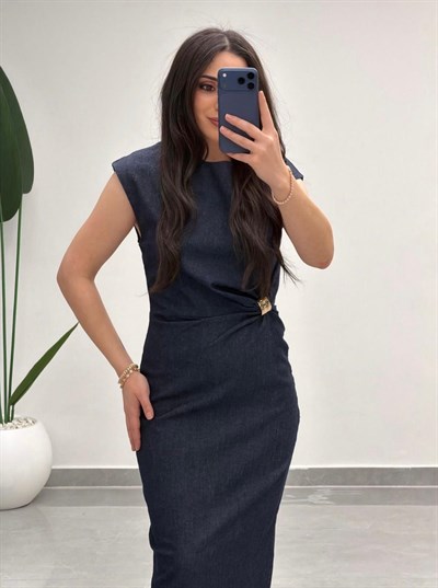 Sıfır Kol Bel Tokalı Denim Elbise
