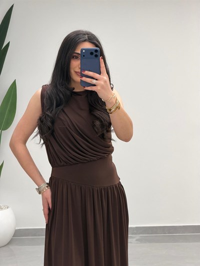 Sıfır Kol Belden Oturtmalı Elbise Kahve