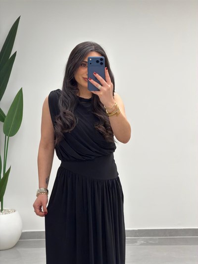 Sıfır Kol Belden Oturtmalı Elbise Siyah