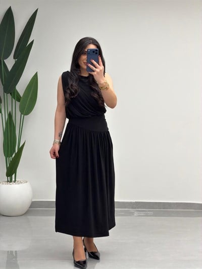 Sıfır Kol Belden Oturtmalı Elbise Siyah