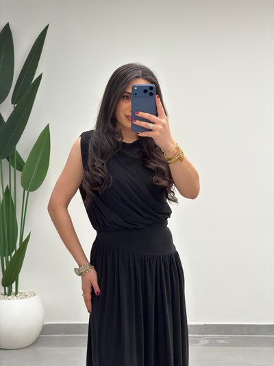 Sıfır Kol Belden Oturtmalı Elbise Siyah