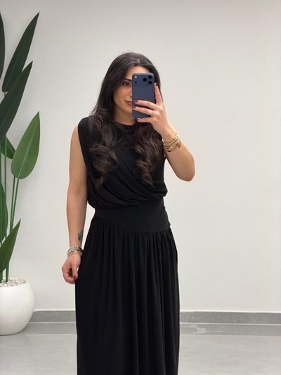 Sıfır Kol Belden Oturtmalı Elbise Siyah