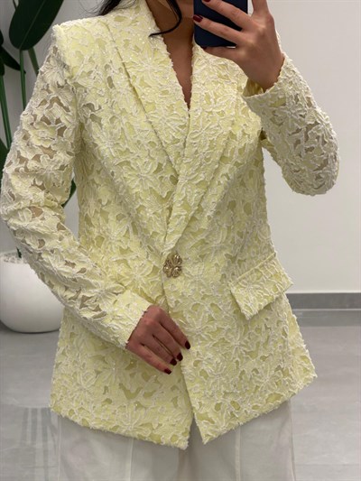 Tasarım Dantel Detaylı Kruvaze Blazer Ceket Sarı
