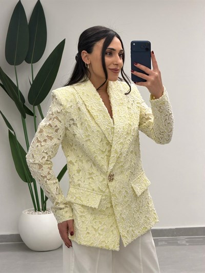 Tasarım Dantel Detaylı Kruvaze Blazer Ceket Sarı