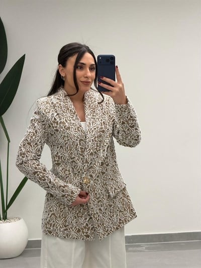 Tasarım Dantel Detaylı Kruvaze Blazer Ceket Kahve 
