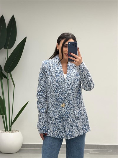 Tasarım Dantel Detaylı Kruvaze Blazer Ceket Mavi