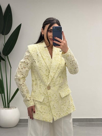 Tasarım Dantel Detaylı Kruvaze Blazer Ceket Sarı