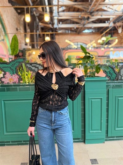 Tasarım Dantelli Bluz Siyah