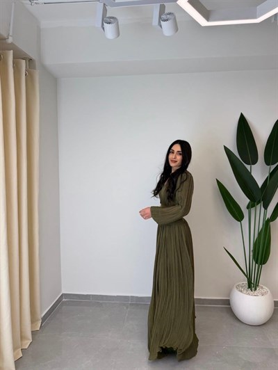 Tasarım Piliseli Bel Detay Premium Şifon Elbise Yeşil