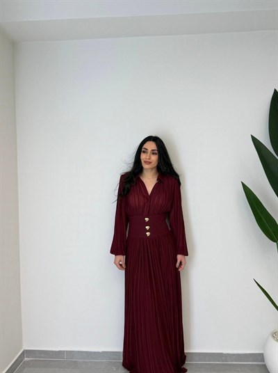 Tasarım Piliseli Bel Detay Premium Şifon Elbise Bordo