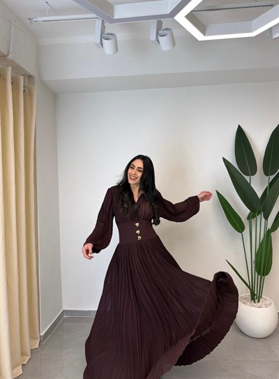 Tasarım Piliseli Bel Detay Premium Şifon Elbise Kahve