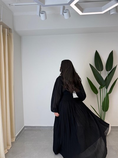 Tasarım Piliseli Bel Detay Premium Şifon Elbise Siyah