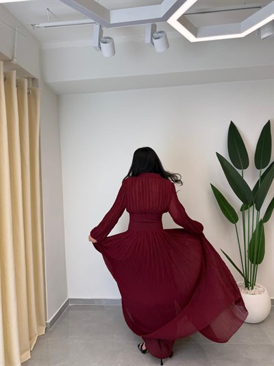 Tasarım Piliseli Bel Detay Premium Şifon Elbise Bordo