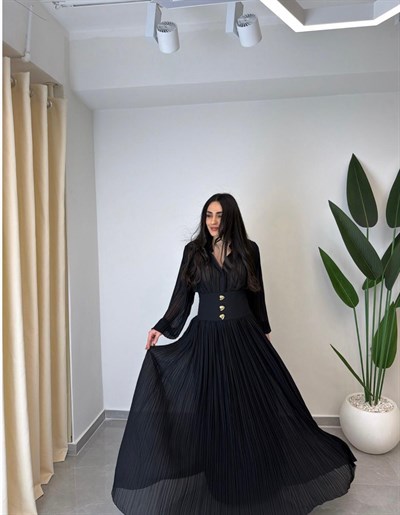 Tasarım Piliseli Bel Detay Premium Şifon Elbise Siyah