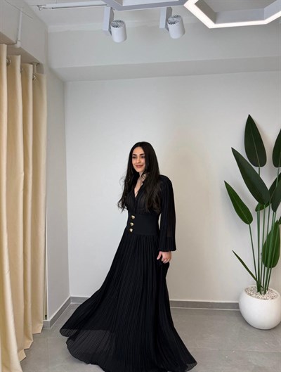 Tasarım Piliseli Bel Detay Premium Şifon Elbise Siyah