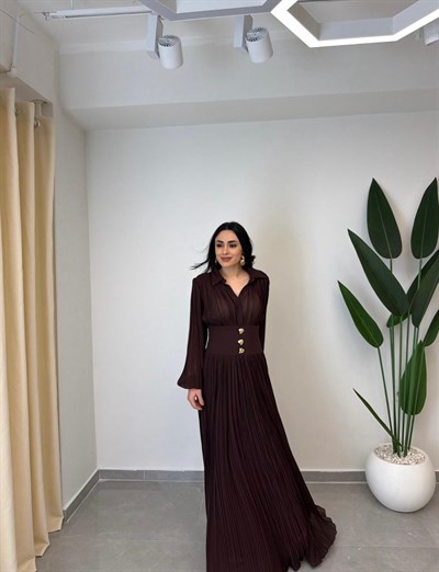 Tasarım Piliseli Bel Detay Premium Şifon Elbise Kahve