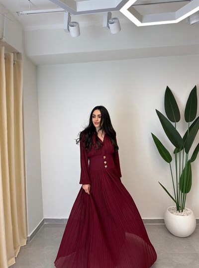 Tasarım Piliseli Bel Detay Premium Şifon Elbise Bordo