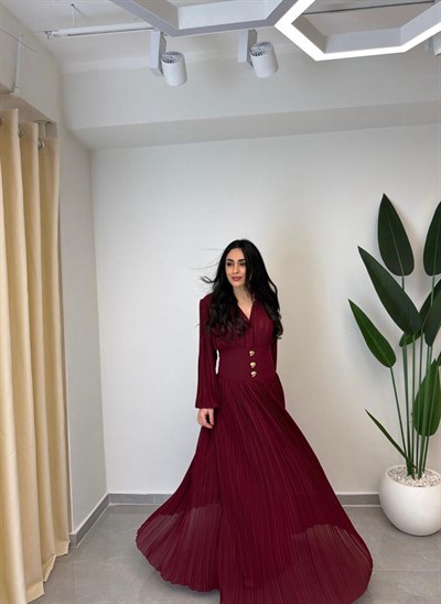 Tasarım Piliseli Bel Detay Premium Şifon Elbise Bordo