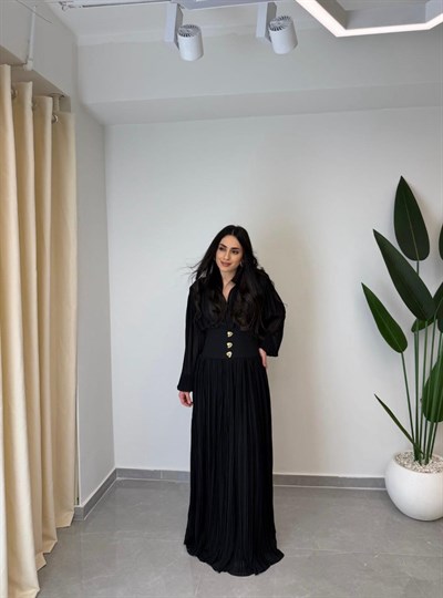 Tasarım Piliseli Bel Detay Premium Şifon Elbise Siyah