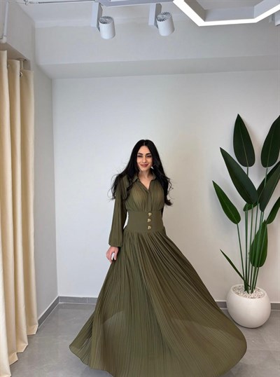 Tasarım Piliseli Bel Detay Premium Şifon Elbise Yeşil