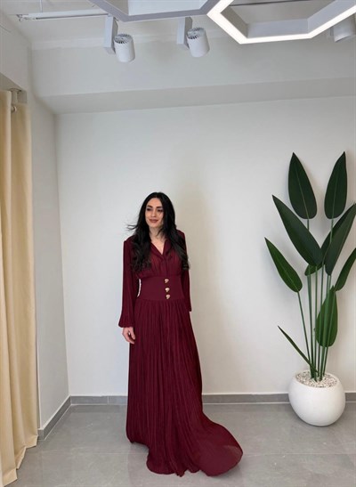 Tasarım Piliseli Bel Detay Premium Şifon Elbise Bordo
