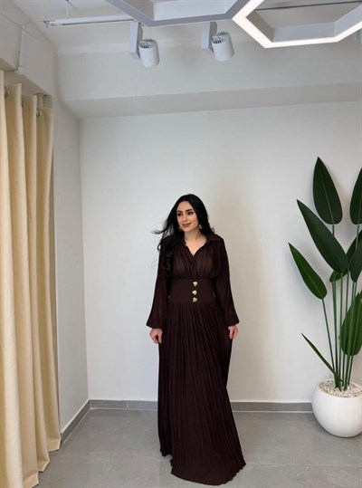 Tasarım Piliseli Bel Detay Premium Şifon Elbise Kahve