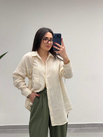 Tek Cepli Oversize Müslin Gömlek Bej