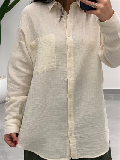 Tek Cepli Oversize Müslin Gömlek Bej