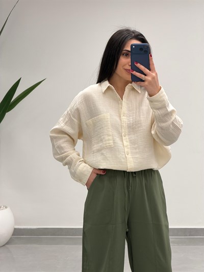 Tek Cepli Oversize Müslin Gömlek Bej