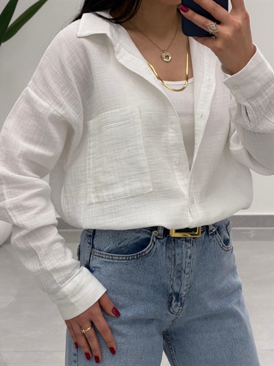 Tek Cepli Oversize Müslin Gömlek Beyaz