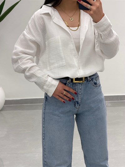 Tek Cepli Oversize Müslin Gömlek Beyaz