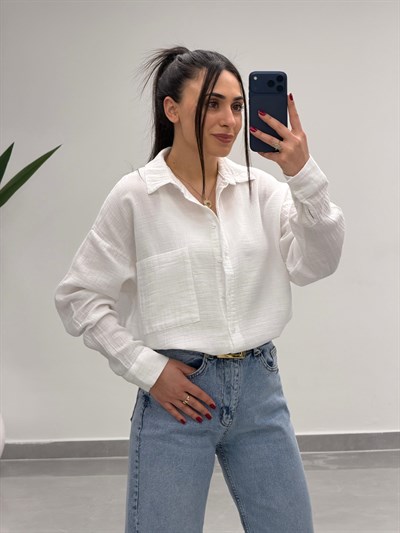 Tek Cepli Oversize Müslin Gömlek Beyaz