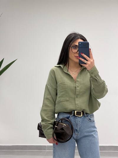 Tek Cepli Oversize Müslin Gömlek Haki