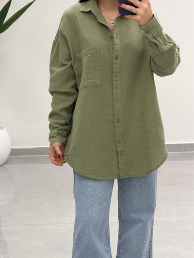Tek Cepli Oversize Müslin Gömlek Haki