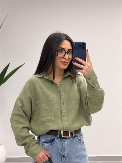 Tek Cepli Oversize Müslin Gömlek Haki