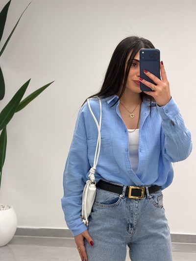 Tek Cepli Oversize Müslin Gömlek Mavi