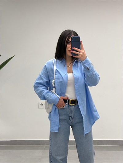 Tek Cepli Oversize Müslin Gömlek Mavi