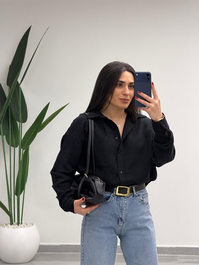 Tek Cepli Oversize Müslin Gömlek Siyah