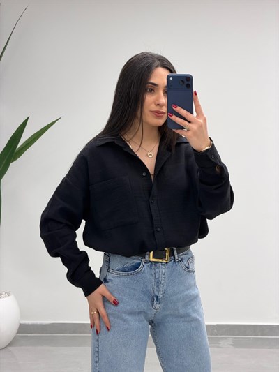 Tek Cepli Oversize Müslin Gömlek Siyah