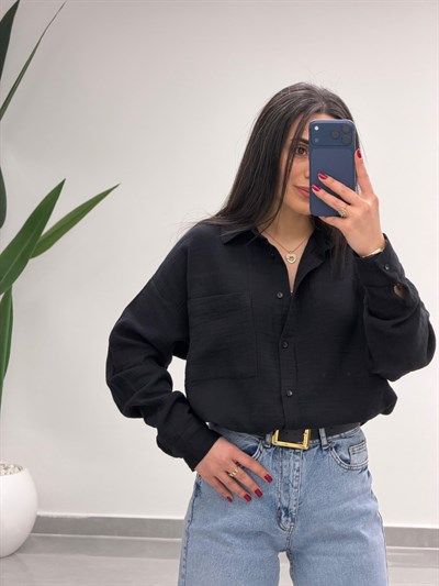 Tek Cepli Oversize Müslin Gömlek Siyah