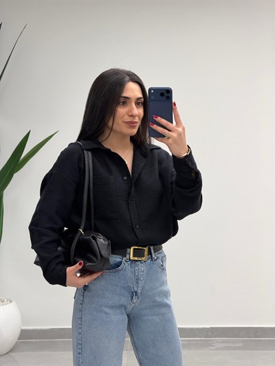 Tek Cepli Oversize Müslin Gömlek Siyah