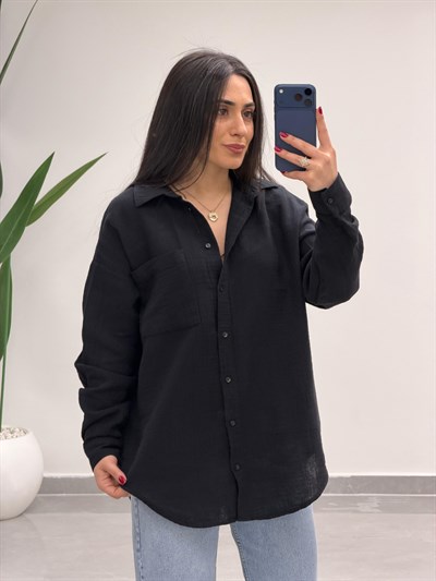 Tek Cepli Oversize Müslin Gömlek Siyah